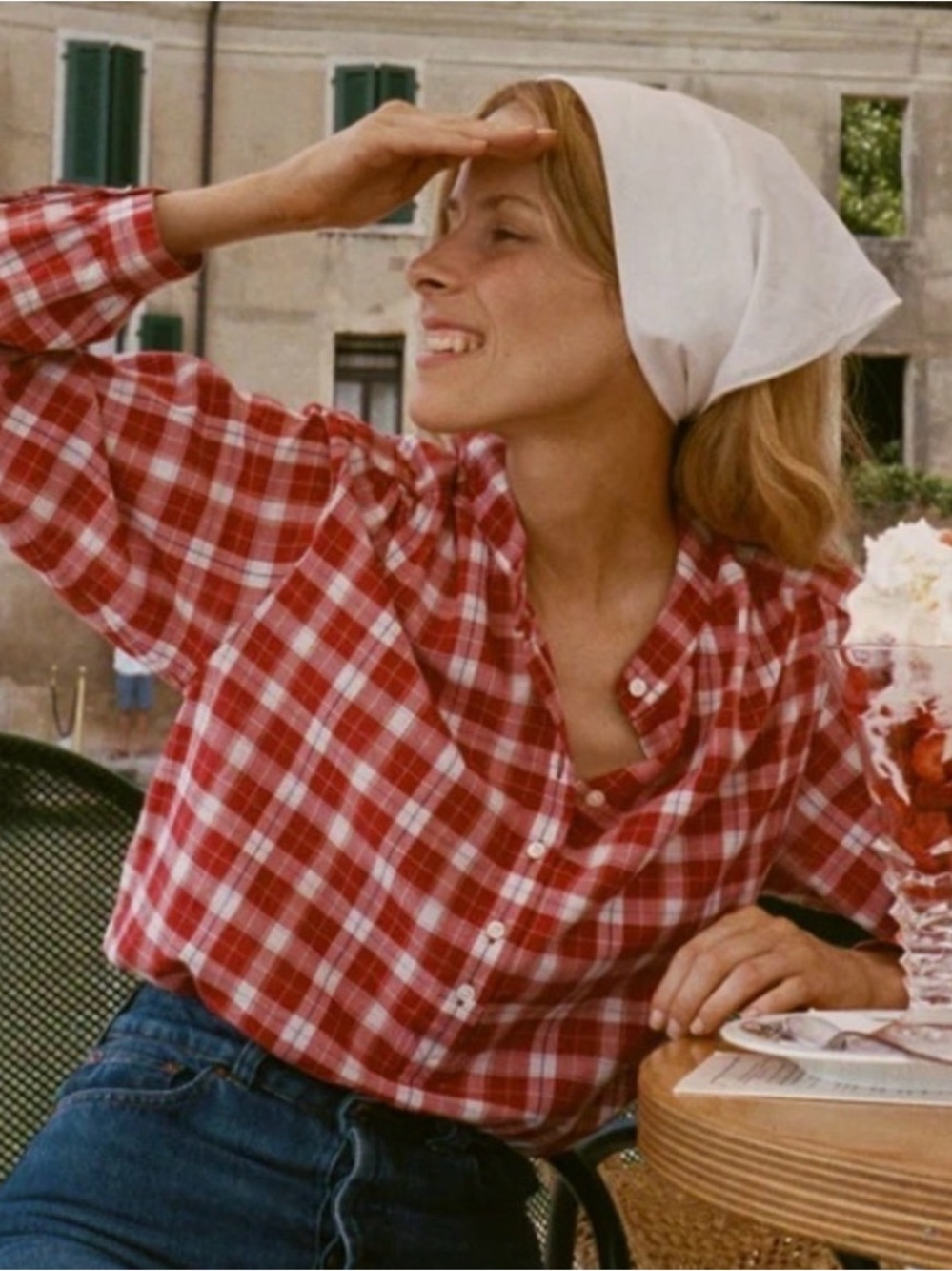 Doen Holde Cotton Button Long Sleeve Top Alsace Plaid Picnic Red White - Picture 2 of 4